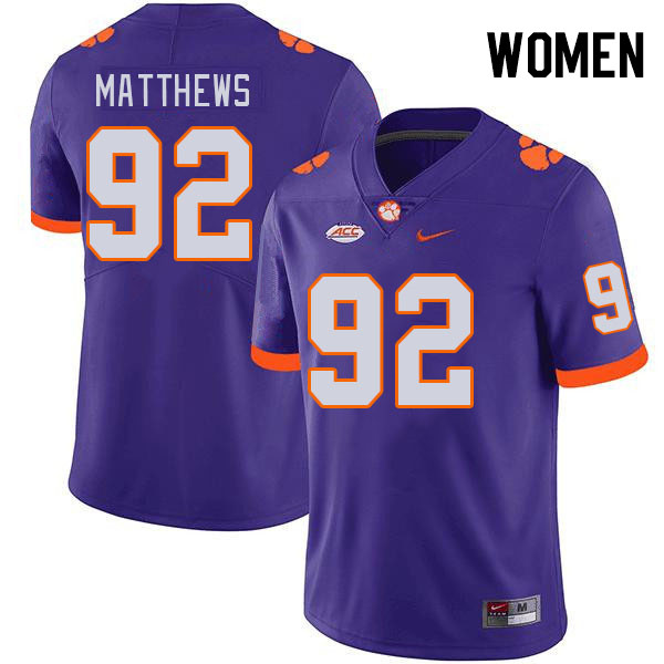 Women #92 Levi Matthews Clemson Tigers College Football Jerseys Stitched-Purple